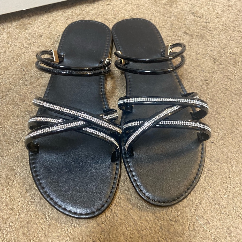 NWOT Black Sandals with Rhinestone Adornments Size Eur. 40 (Size9 but ru…
